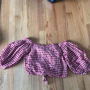 Off the shoulder red and white shirt